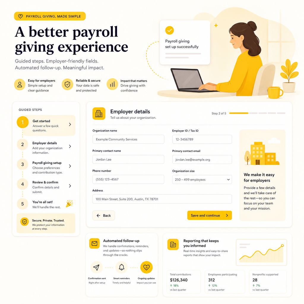 Illustration of a payroll giving setup experience with guided steps and confirmation-ready flow.