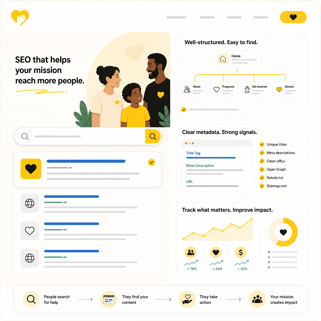 Illustration of SEO-friendly nonprofit website structure with search visibility and conversion tracking cues.