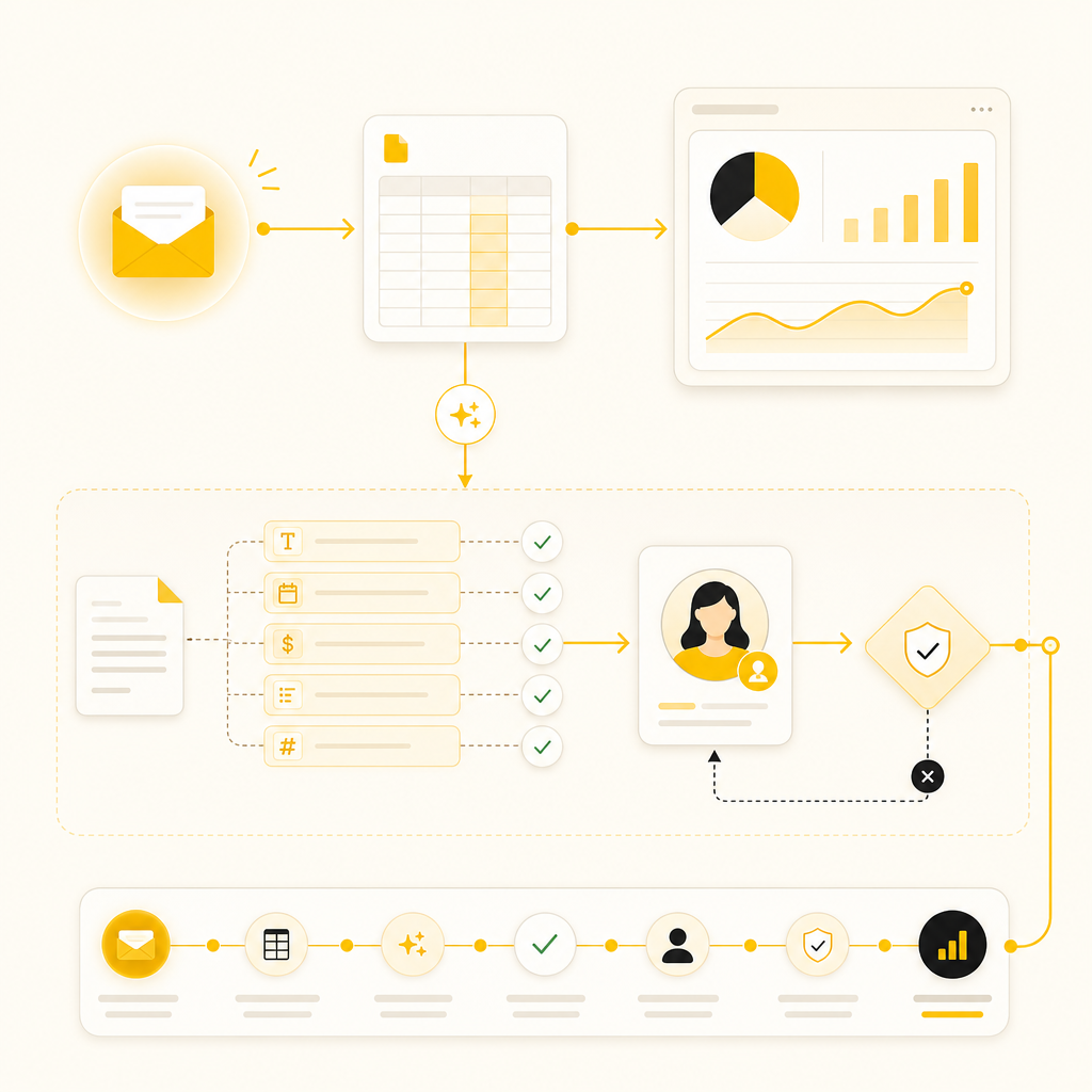 Illustration showing an email triggering extraction, validation, and automated updates from spreadsheets into connected systems.
