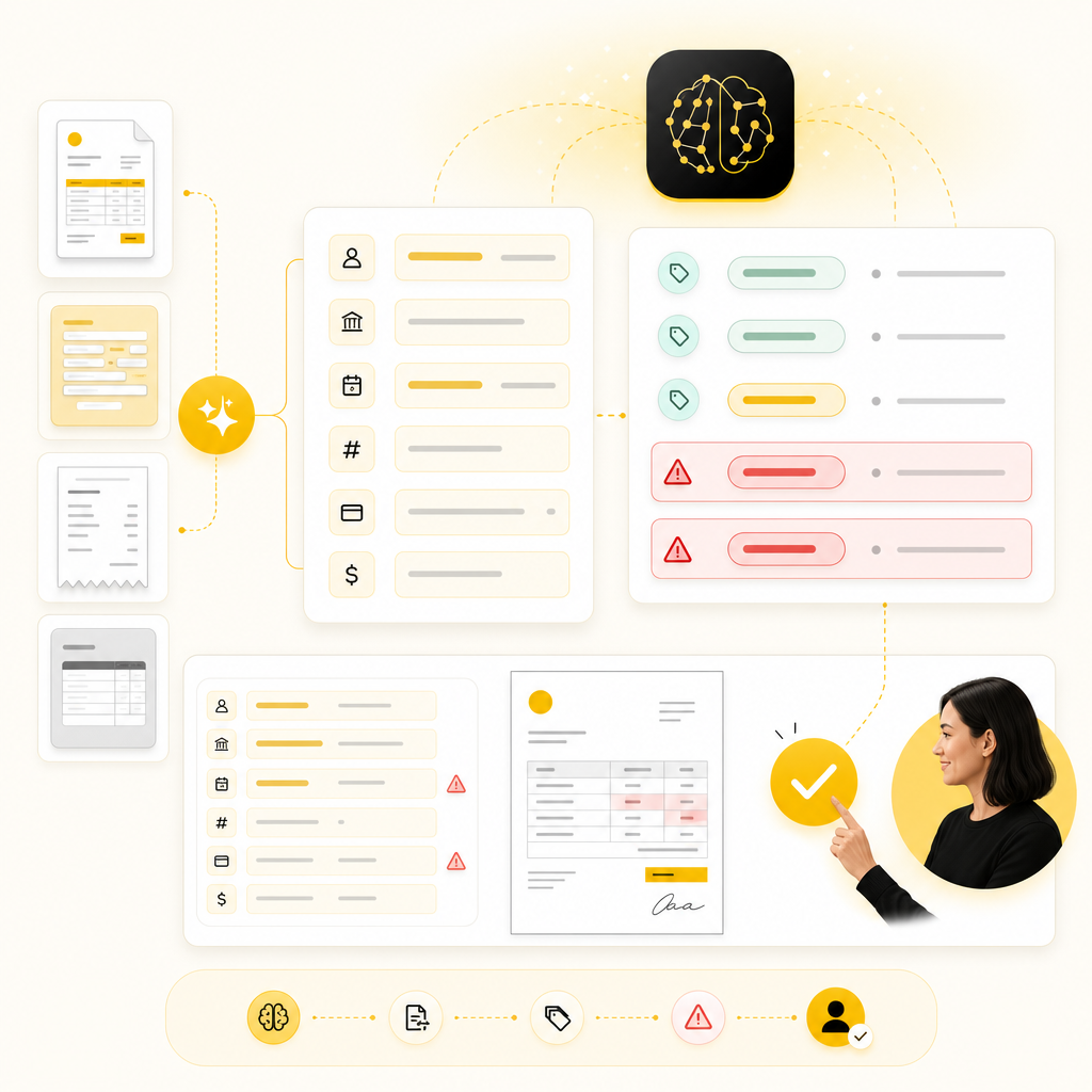 Illustration representing AI extracting, classifying, and flagging spreadsheet-related work with human approvals and audit-ready workflows.