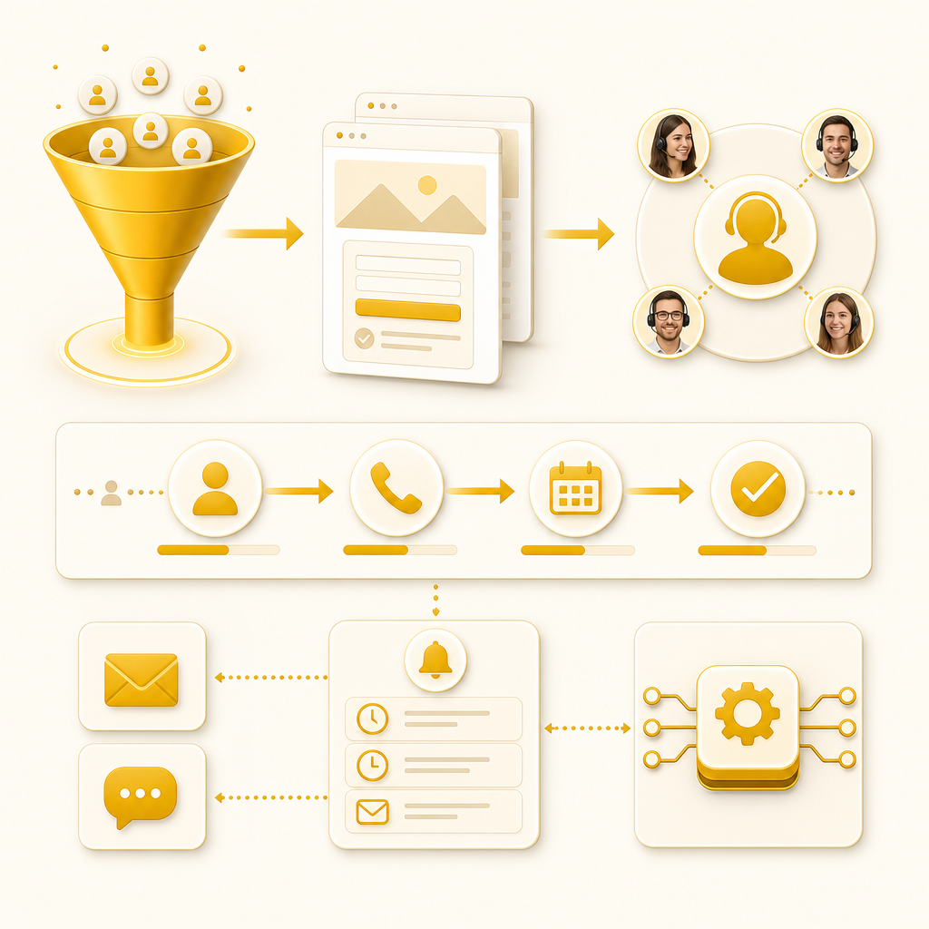 Illustration of an automated real estate lead pipeline with routing, status stages, and CRM integration.