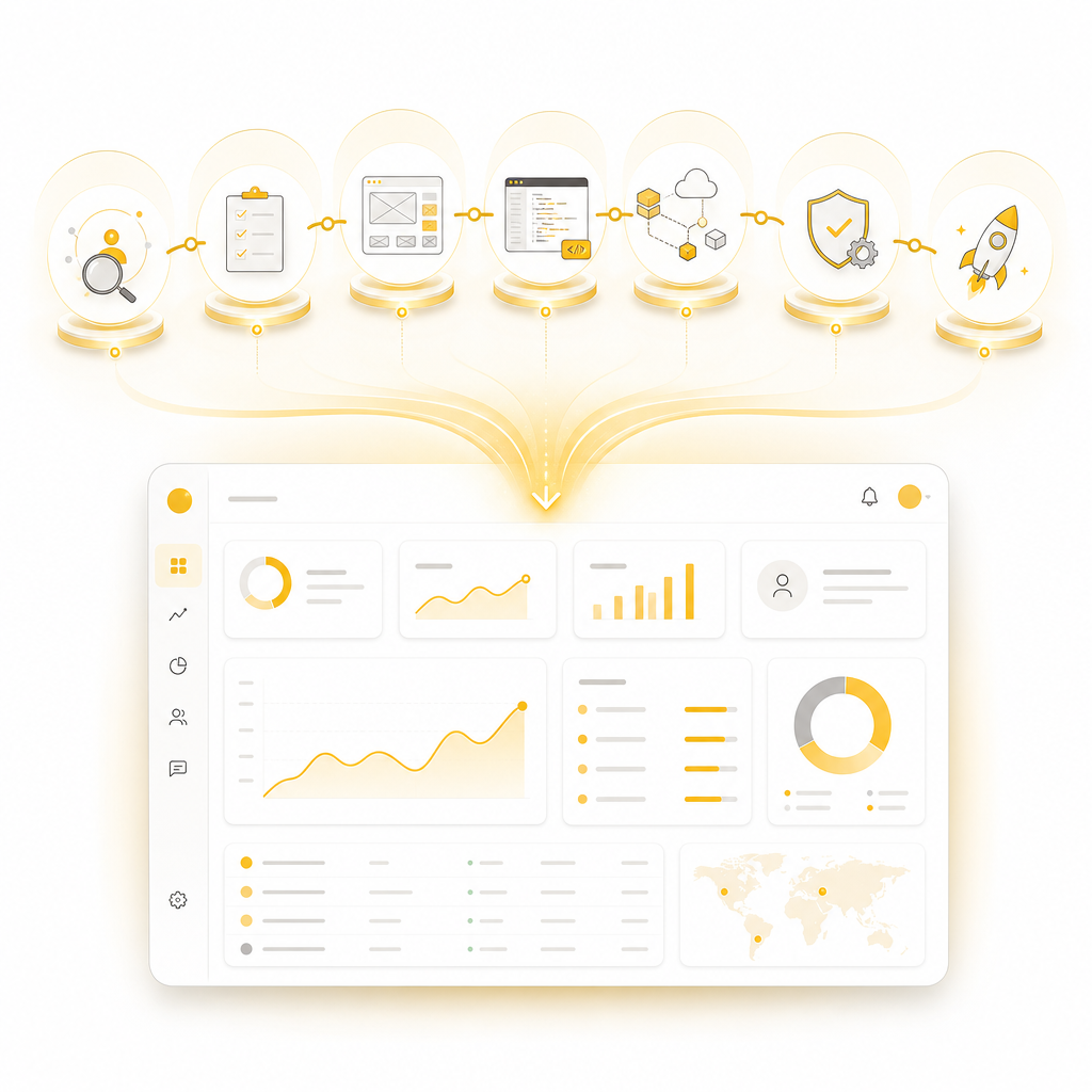 Illustration of a step-by-step development process culminating in a live platform dashboard.