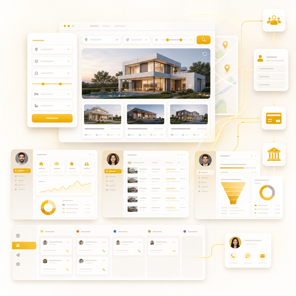Modern web illustration showing real estate dashboards, filters, lead flows, and integrations beyond templates.