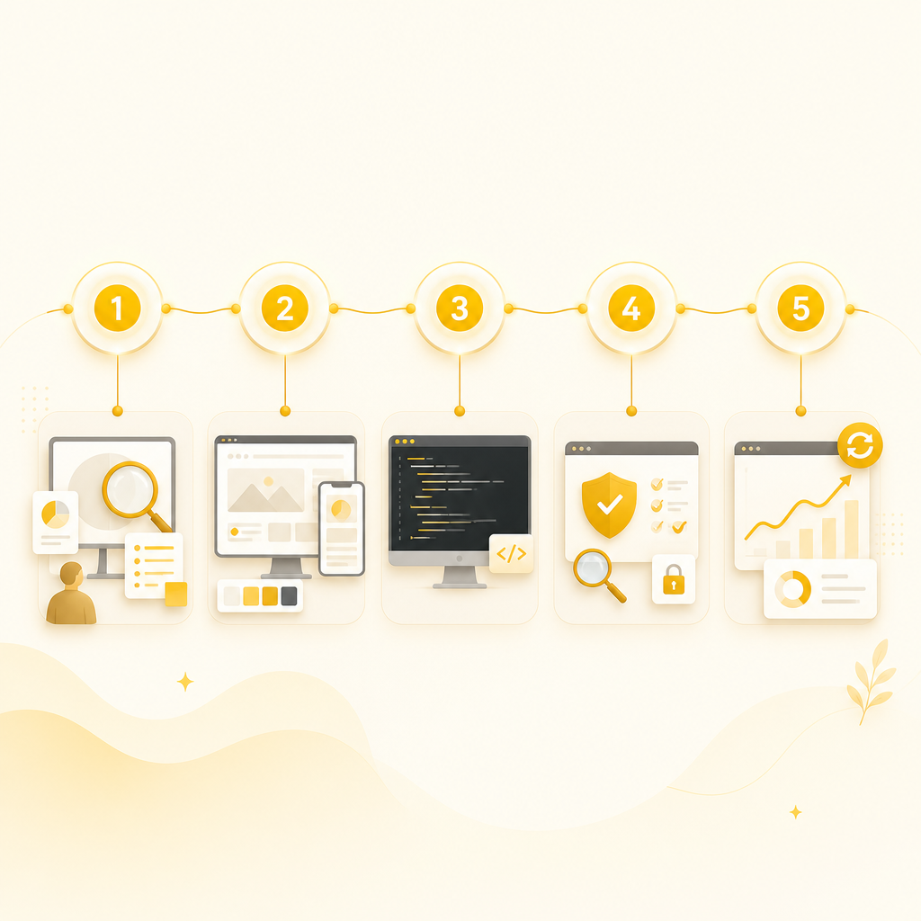 Illustration of a 5-step real estate software delivery process from idea to launch.
