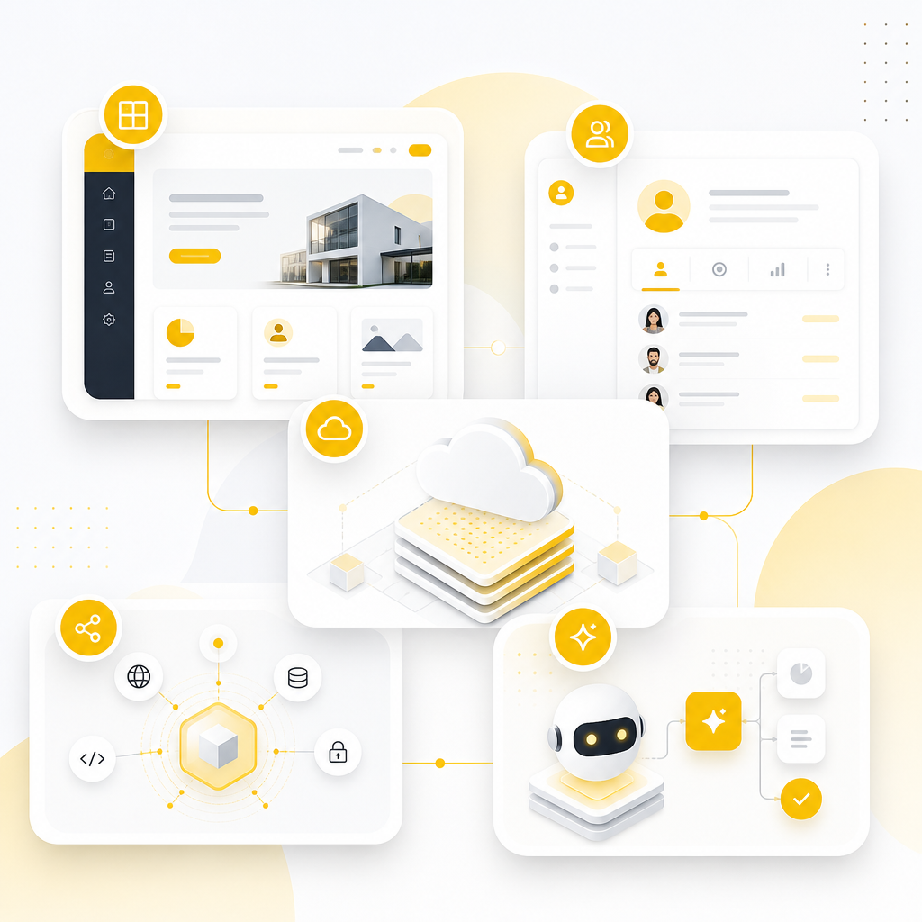 Illustration representing real estate portal and SaaS development services including CRM, APIs, and AI automation.