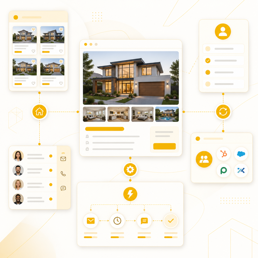 Custom real estate portal workflow illustration with connected listing, CRM, and automation modules.