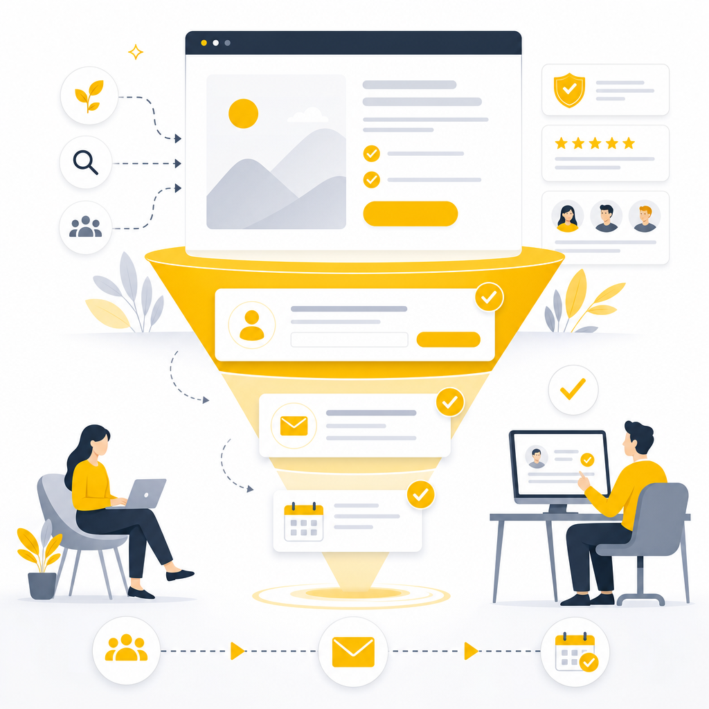 Illustration representing conversion-focused SEO turning organic traffic into inquiries and booked sessions.