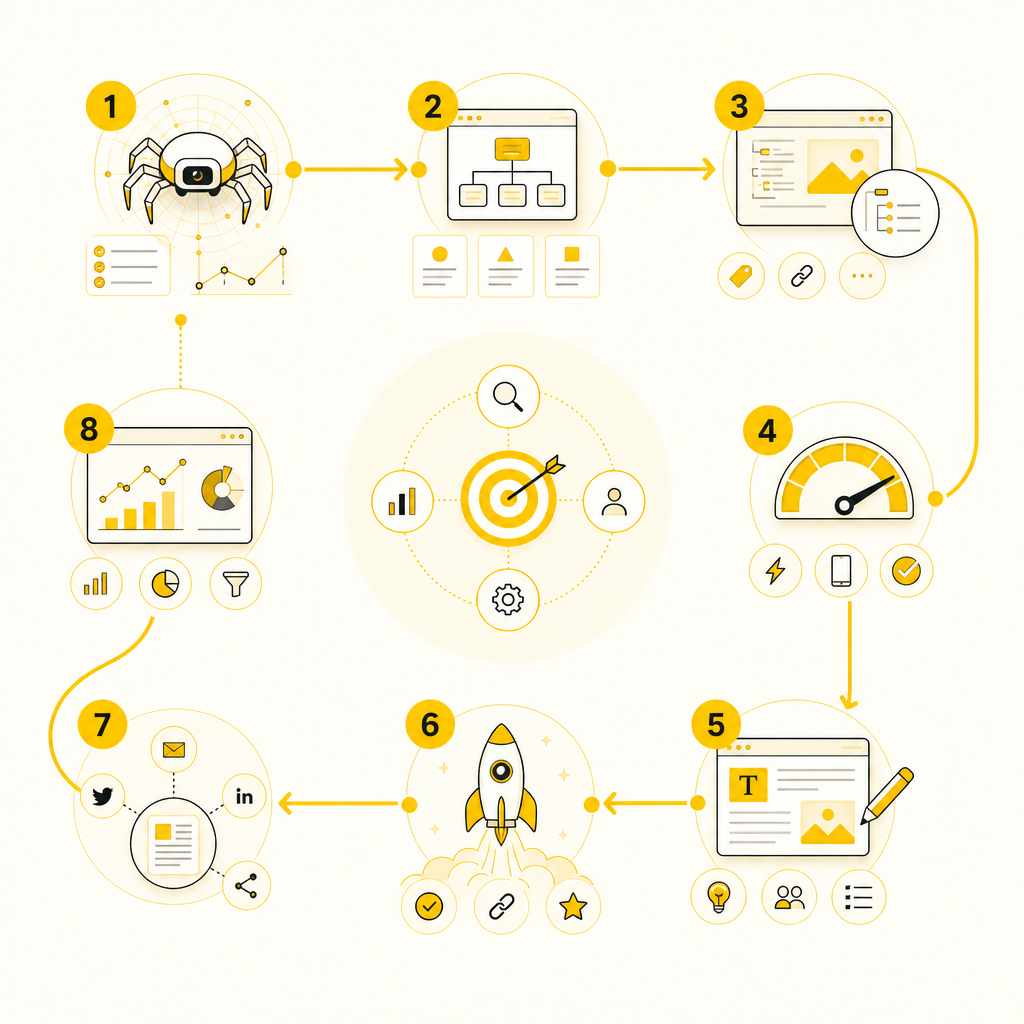 Illustration of an SEO process workflow showing discovery, audit, planning, build/optimize, publish, and measurement stages.