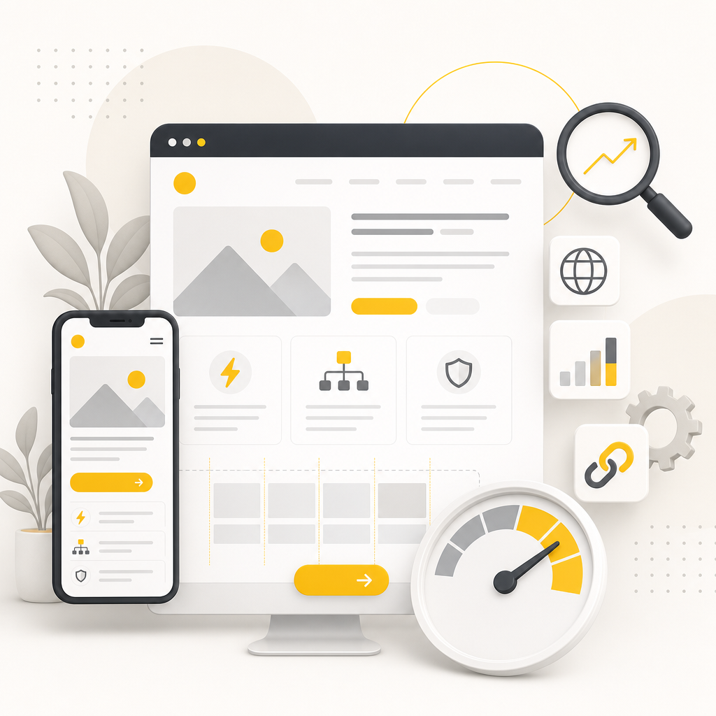 Illustration representing the SEO and web design advantage with a fast, structured website layout and SEO signals.