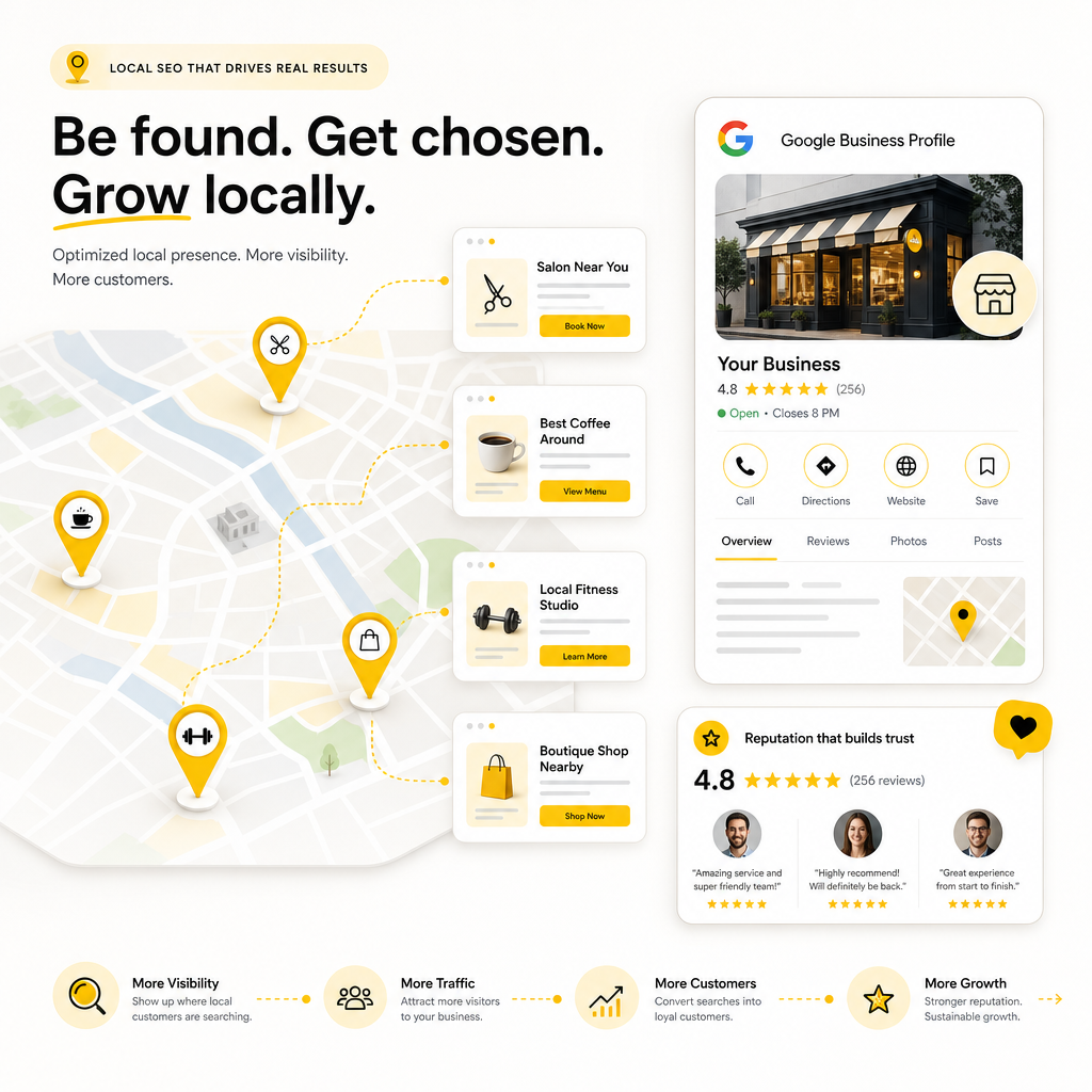 Illustration representing local SEO for nearby clients, including map pins, profile optimization, and location-based landing pages.