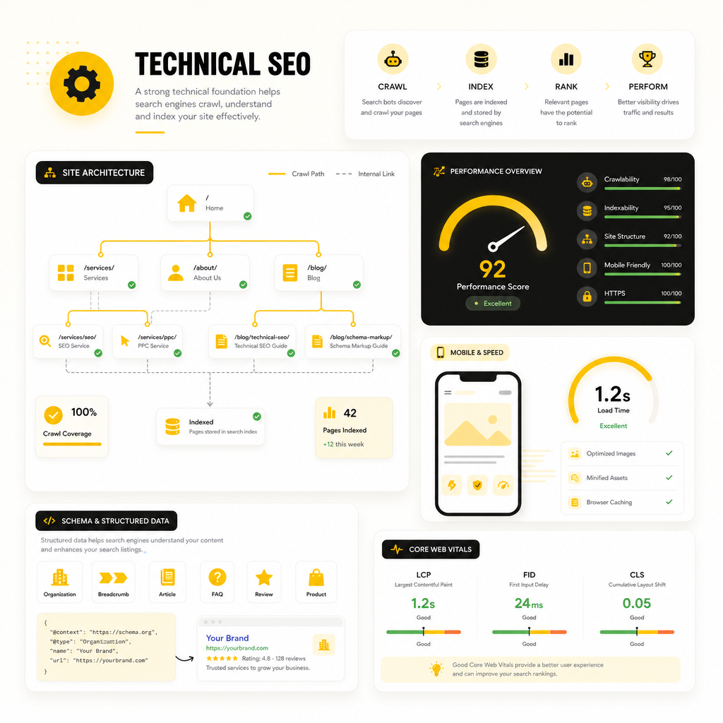 Illustration showing technical SEO improvements like crawl paths, indexing, schema, and performance for legal and financial websites.