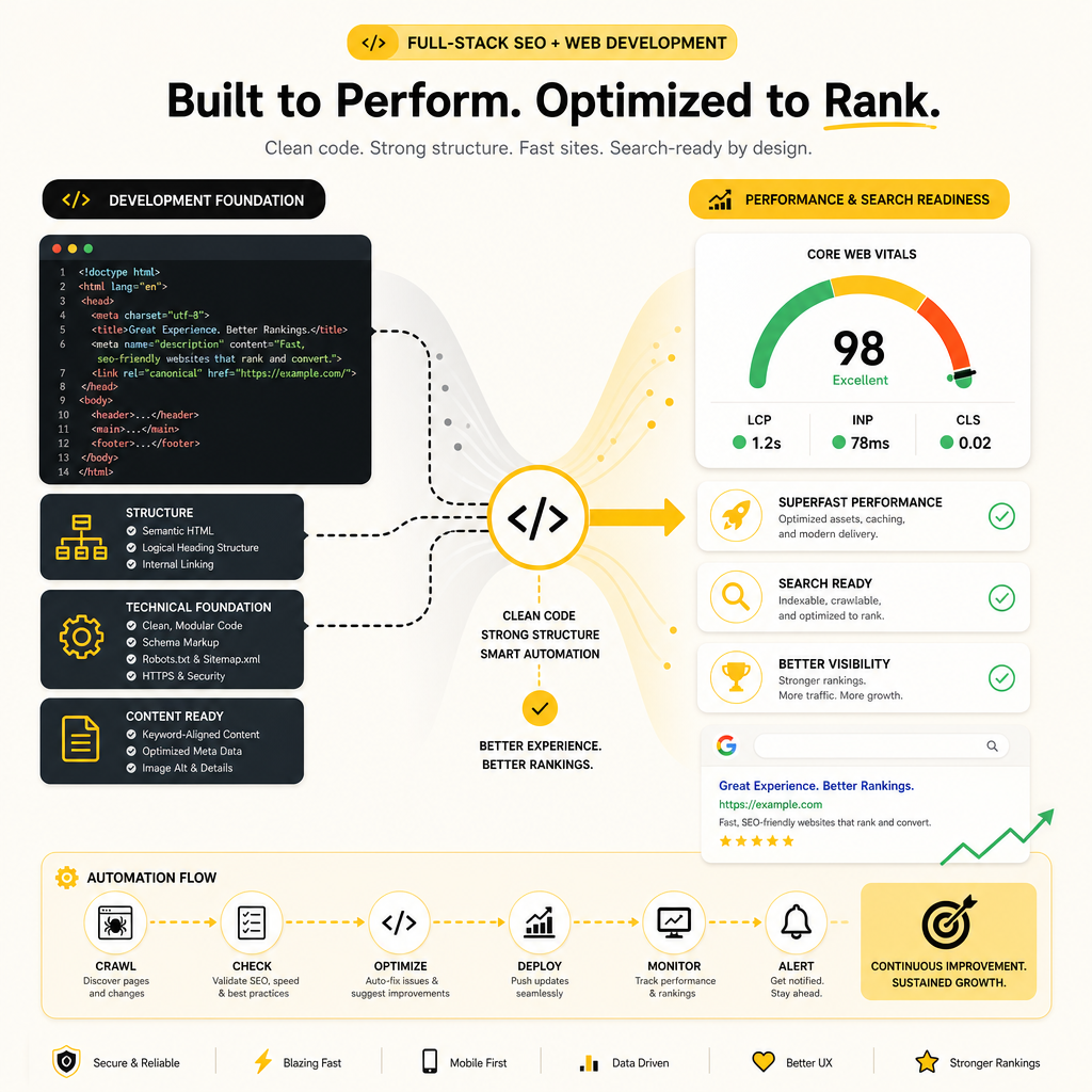 Clean illustration representing full-stack SEO implementation combined with web development and performance improvements.