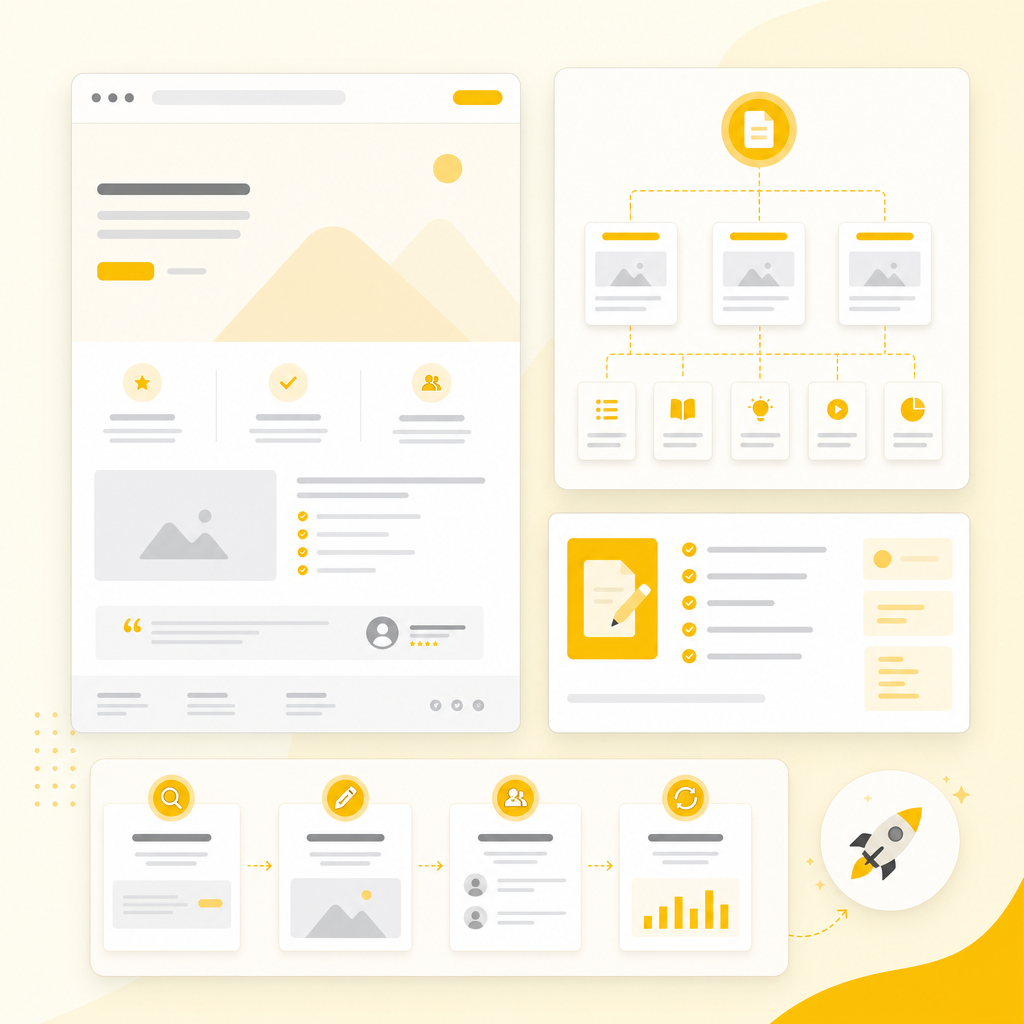 Illustration representing launch pages and content strategy aligned to search demand, with landing page and content brief elements.