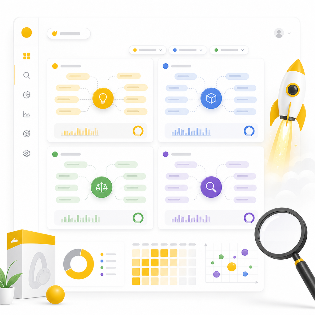 Illustration representing keyword research for launch intent, with categorized keyword clusters and premium SEO dashboard styling.