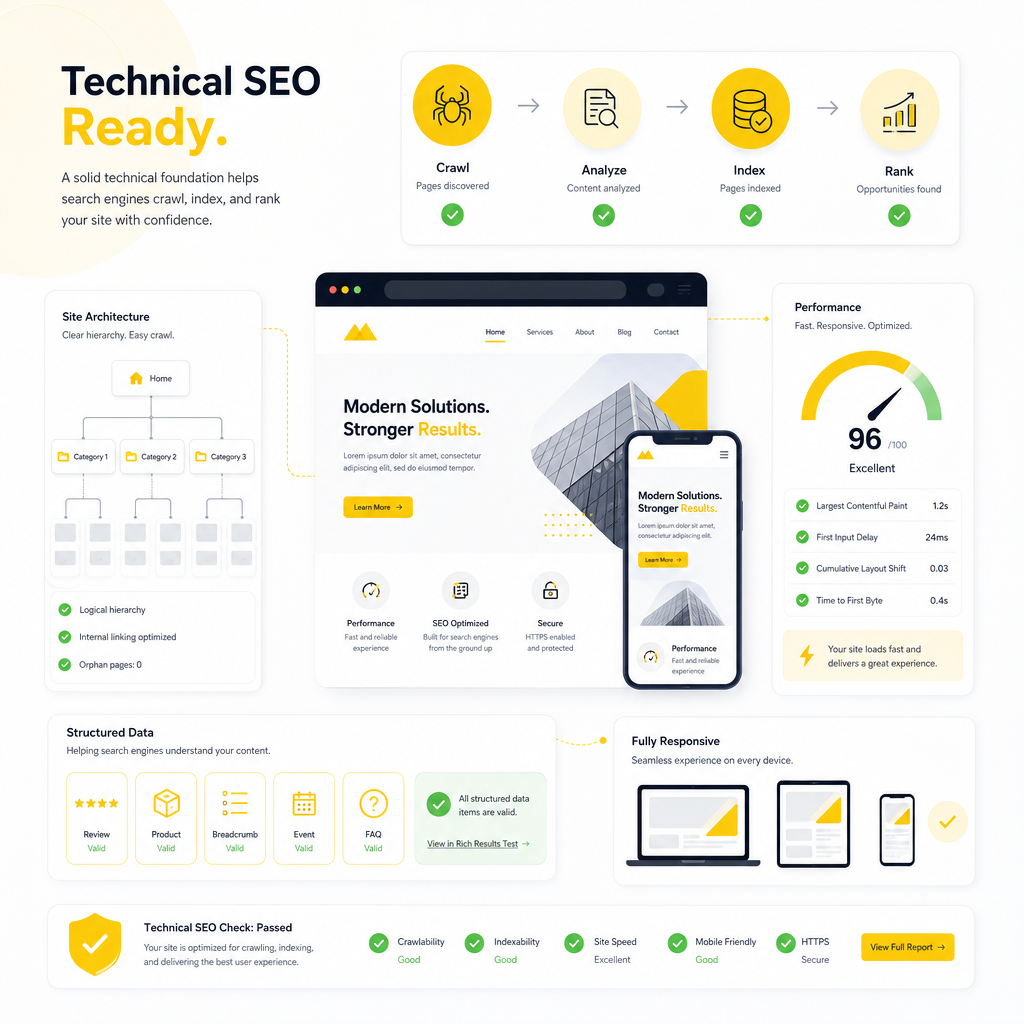Illustration of technical SEO fundamentals like crawling, indexing, site structure, and performance readiness for launch pages.