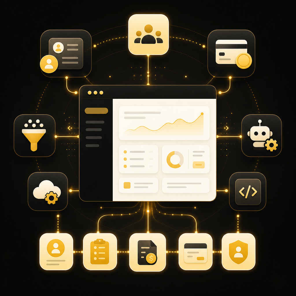 Illustration of website integrations connecting CRM, payments, automation, APIs, and SaaS portal systems.