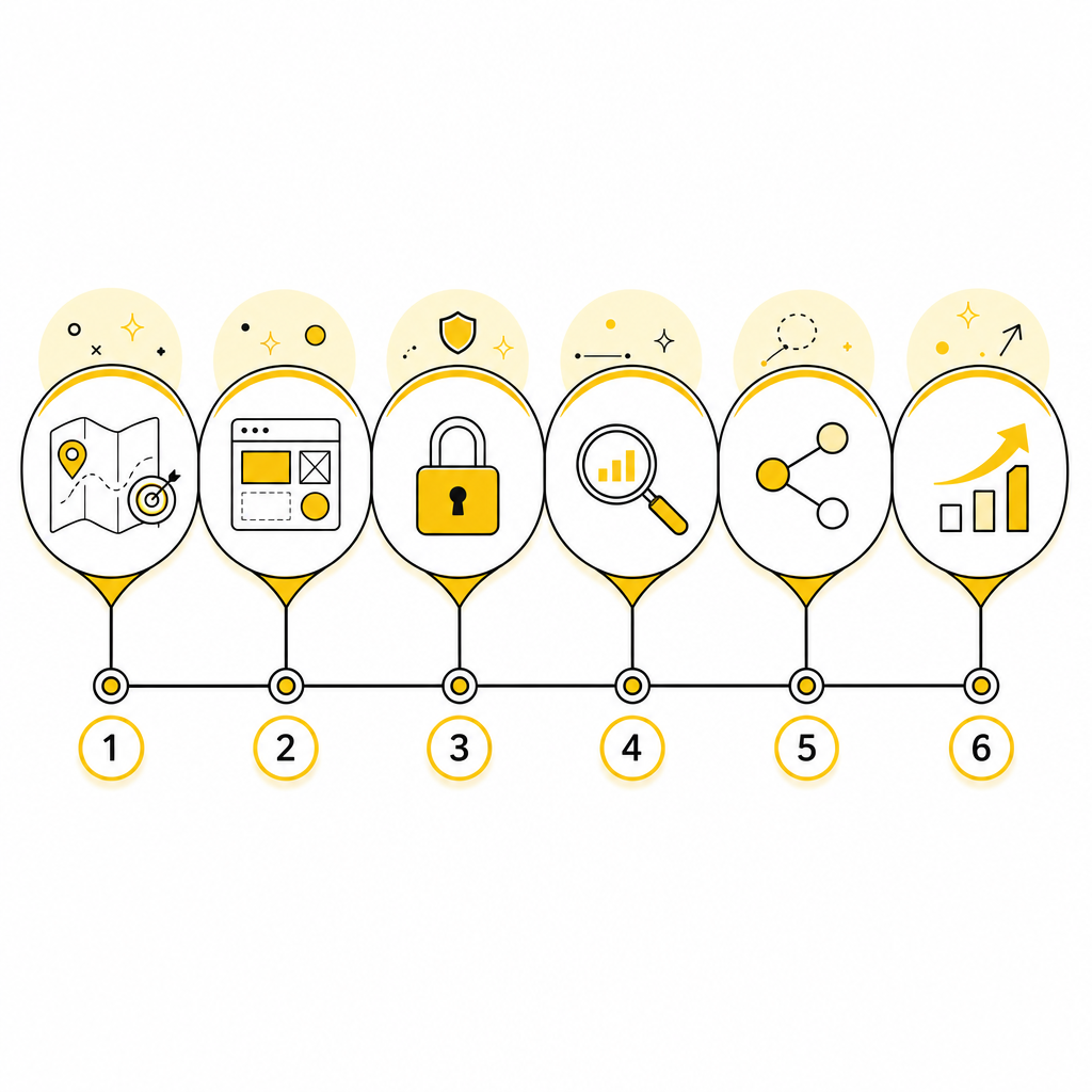 Illustration showing a multi-step website development process focused on speed, SEO, and scalable growth.