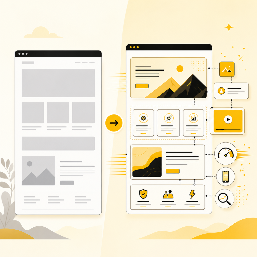 Illustration comparing template-only website blocks with custom modular components and connected functionality.