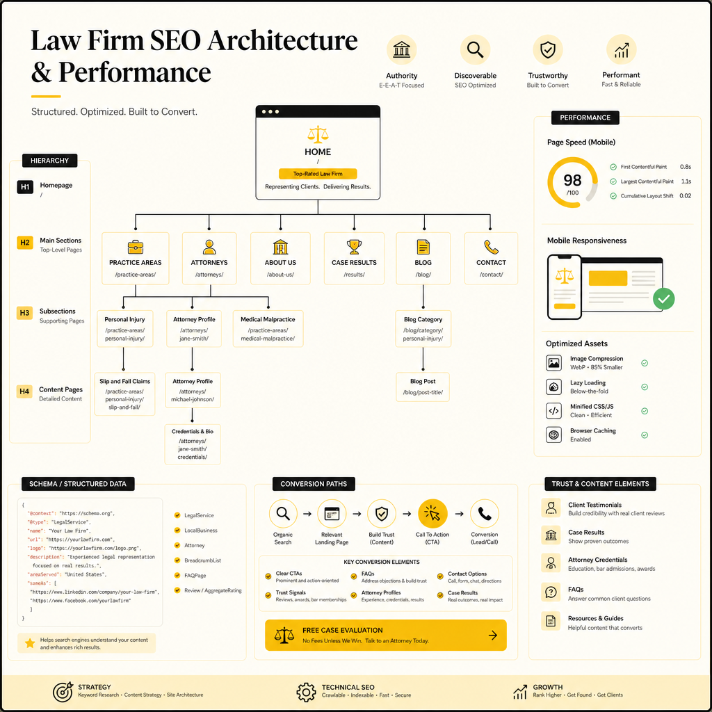 Illustration of Law Firm SEO structure with site architecture, mobile speed, and conversion-ready page elements.