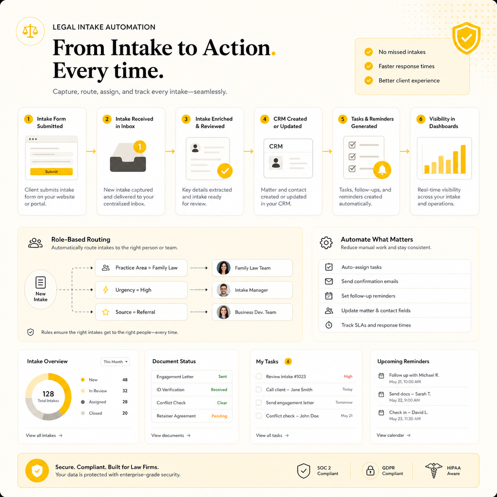 Illustration of legal workflow automation turning intake messages into automated actions and CRM tasks.
