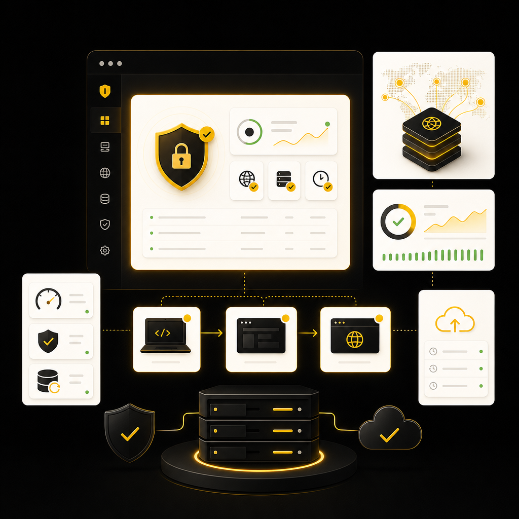 Illustration of secure, fast website hosting with SSL, backups, monitoring, and scalable infrastructure.