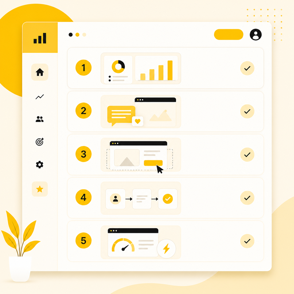Modern illustration of a conversion-focused website redesign checklist with five numbered steps.
