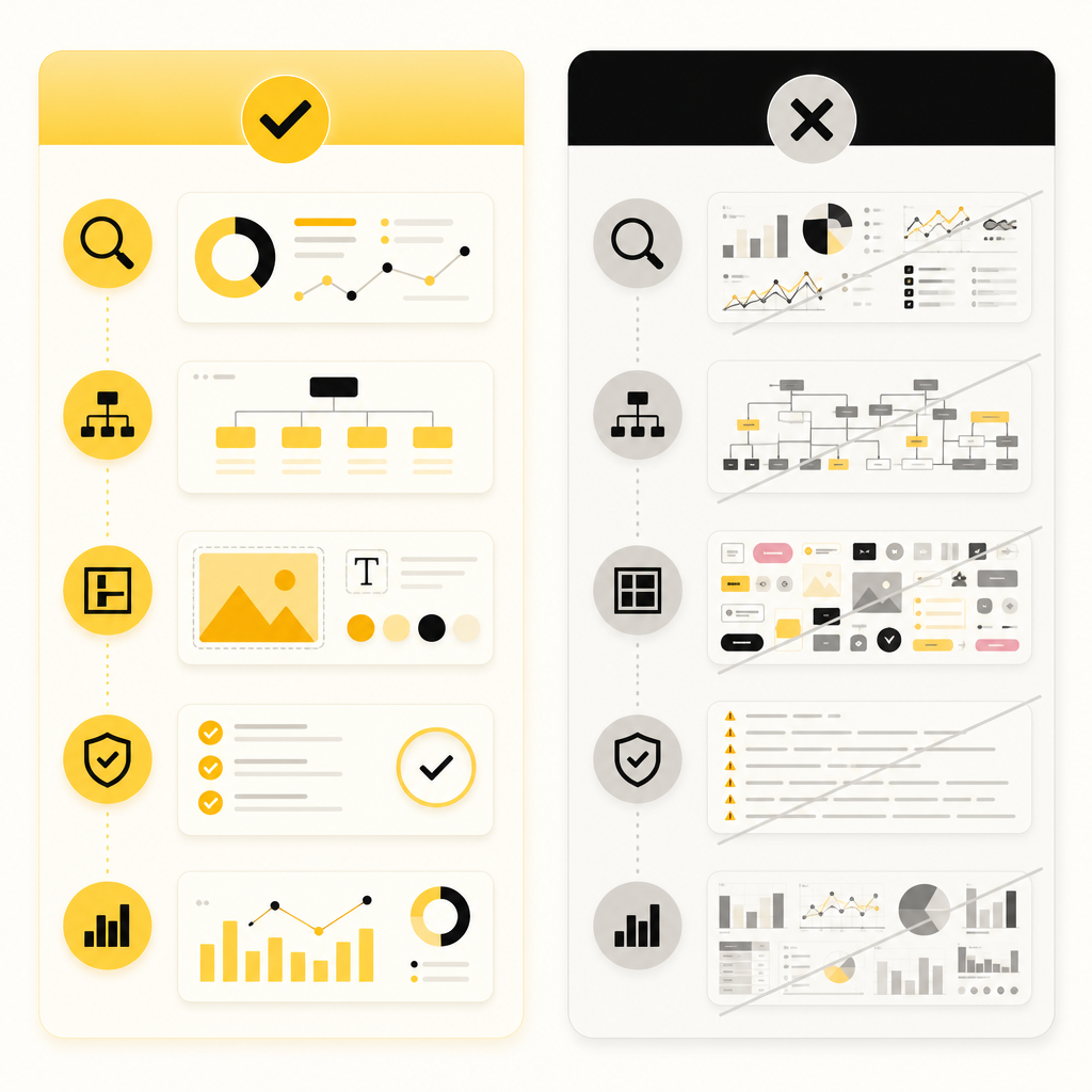 Illustration of website redesign scope planning with include vs avoid components and checkmarks.