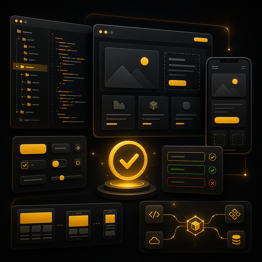 Premium illustration showing frontend development components for a redesign, including responsive UI and QA readiness.
