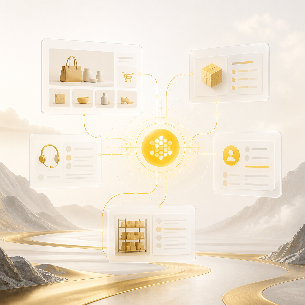 Overlapping semi-transparent ecommerce system panels connected by flowing lines into a central integration hub, shown in a premium editorial style with no readable text.