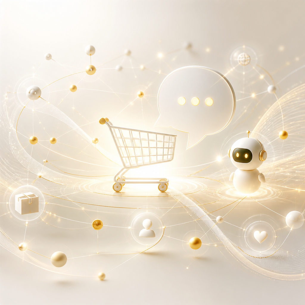 Interconnected workflow nodes and lines surrounding shopping cart and chat-bubble symbols in a warm e-commerce automation editorial scene without any readable text.