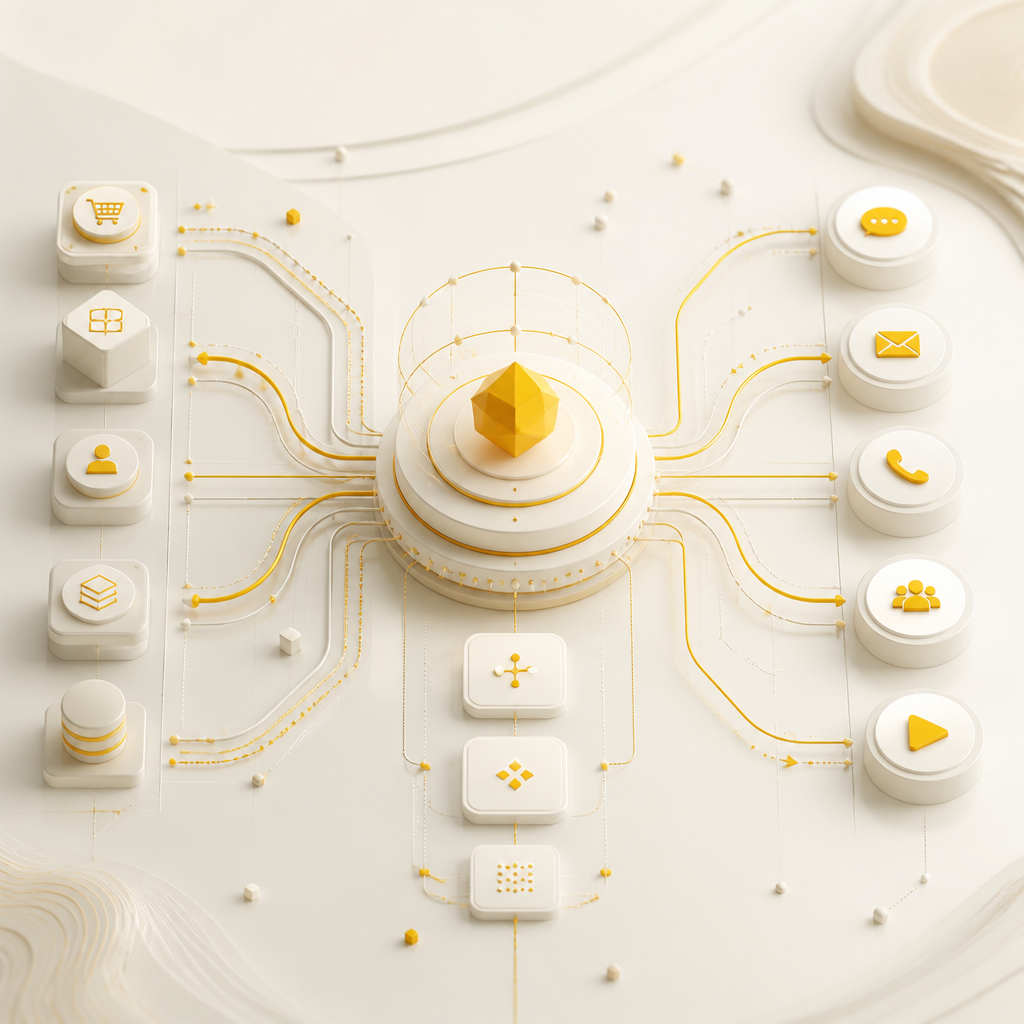 A refined connectivity diagram with multiple endpoints and a central workflow hub representing routing, integrations, and policy-based logic in a warm editorial palette without any readable text.