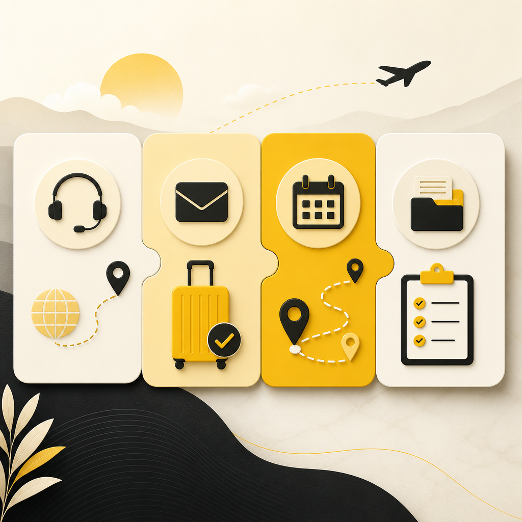 Interlocking travel customer journey panels with calendar, envelope, and checklist style icons in gold and near-white tones, with no readable text.