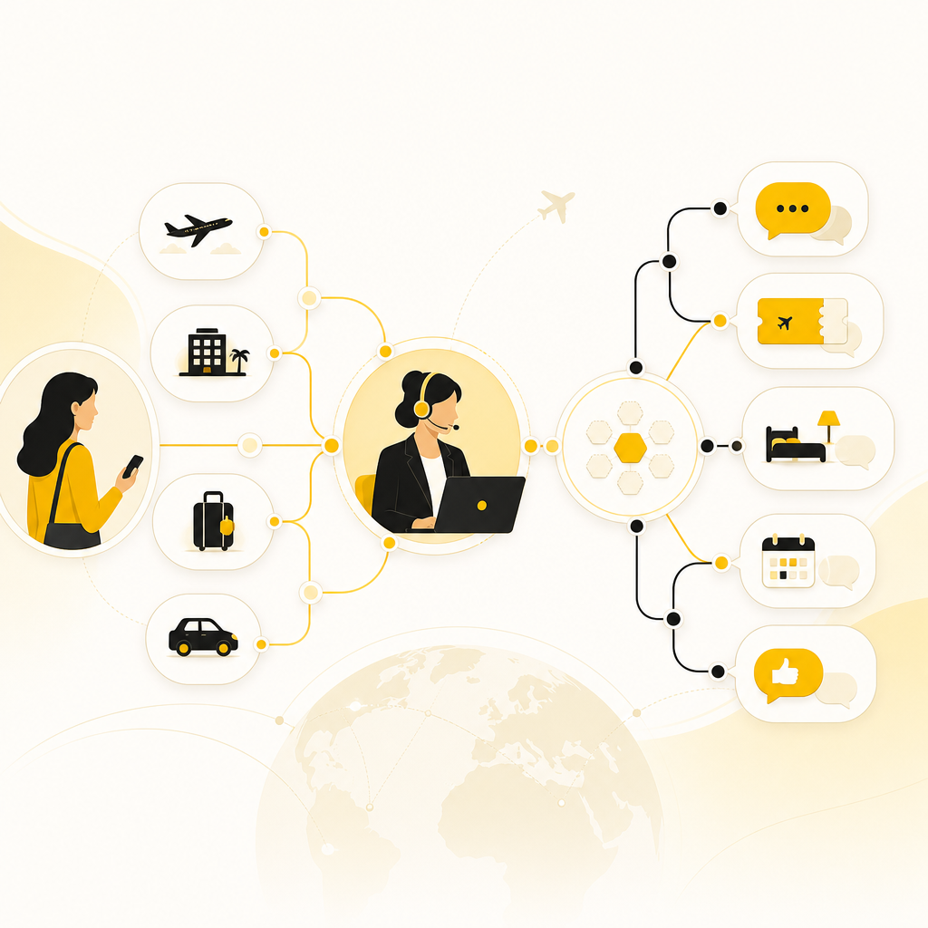 Abstract connected workflow nodes representing travel customer service intake and decisioning in gold and near-white tones with no readable text.