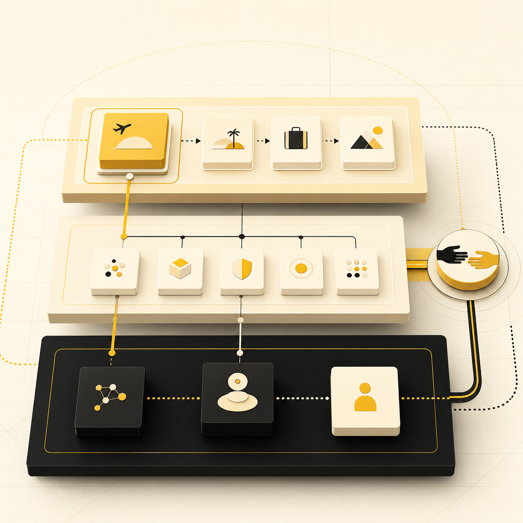 A layered roadmap blueprint of travel automation steps using geometric guardrail and handoff motifs in gold and near-white tones, with no readable text.