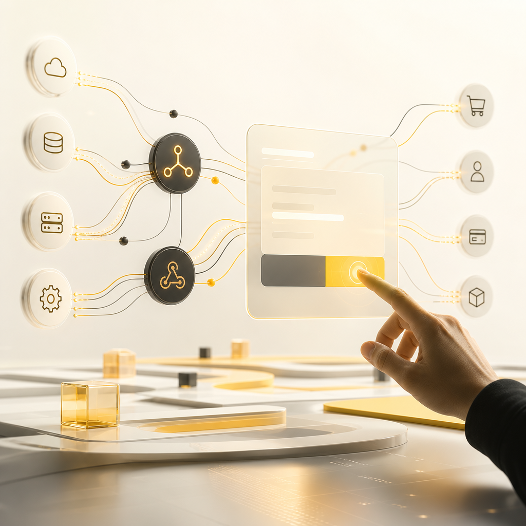 Premium editorial integration metaphor showing glowing API and webhook connections with a governance-style approval panel shape, using #FAC50C and near-white brand tones.