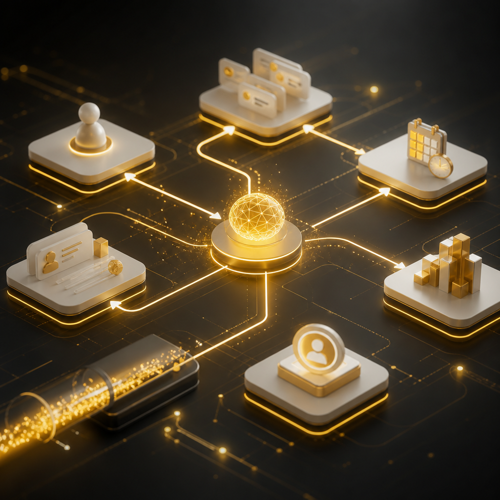 Abstract editorial scene of AI-driven automation routing customer data across connected CRM stage cards in warm SHAKIR ANSARI brand tones with a #FAC50C accent.