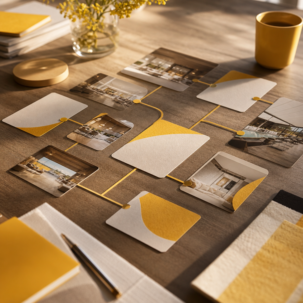 A desk scene with organized scenario cards connected by abstract lines, representing hospitality case-study patterns and automation outcomes without any readable text.