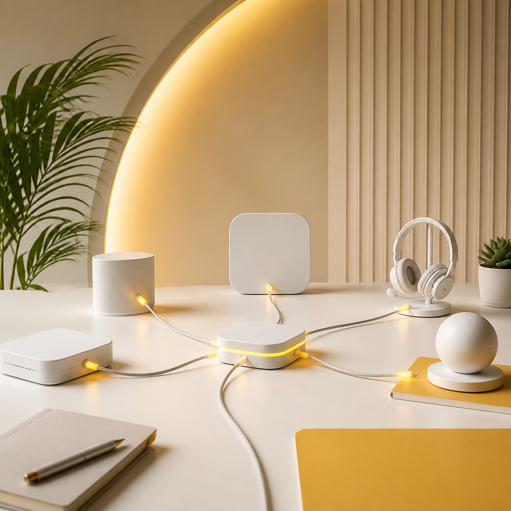 A clean workspace scene showing abstract device and cable connections with warm gold highlights to represent integration-first hospitality automation.