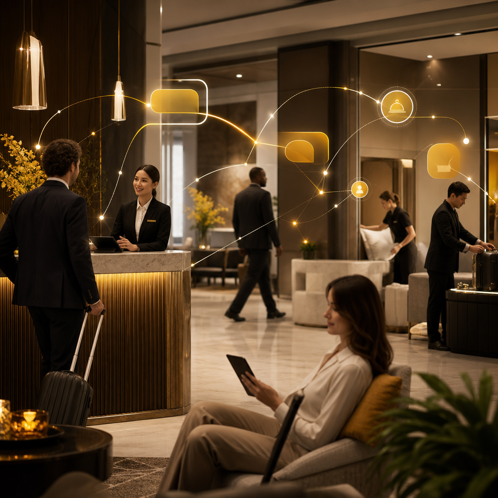 A modern hotel lobby scene with warm gold accents and glowing workflow connections symbolizing guest inquiry automation and internal routing.