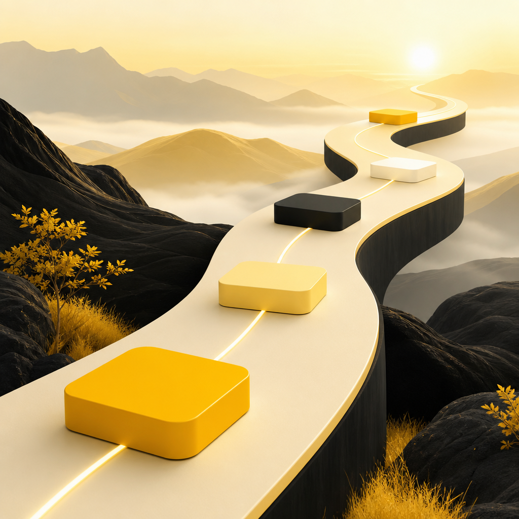 A premium editorial wide shot of a glowing roadmap path with connected milestone blocks in SHAKIR ANSARI brand colors, symbolizing a phased rollout for franchise technology adoption.
