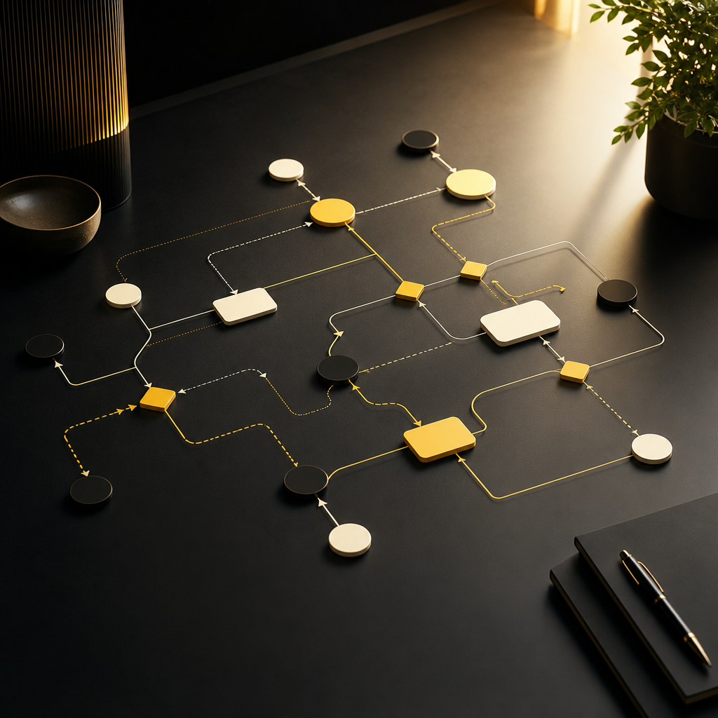 A premium editorial scene of an abstract workflow architecture diagram made of glowing nodes and connecting lines, using warm SHAKIR ANSARI palette colors to convey automation playbooks.