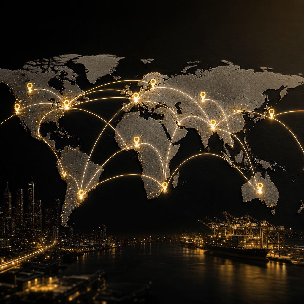 A premium editorial view of glowing route connections over a neutral multi-location map backdrop in SHAKIR ANSARI brand colors, suggesting automated lead routing without any readable text.