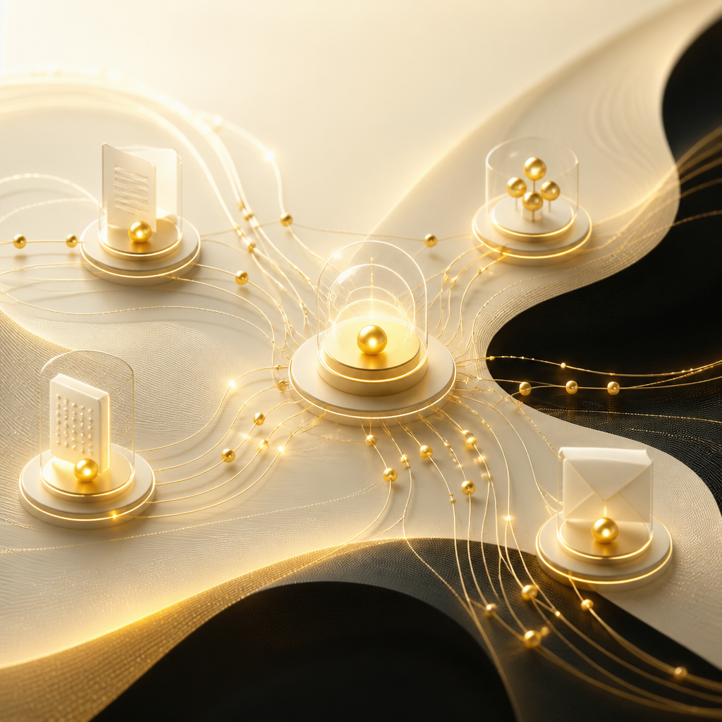 Abstract premium flow network showing connected systems with secure integration paths in gold and cream tones.