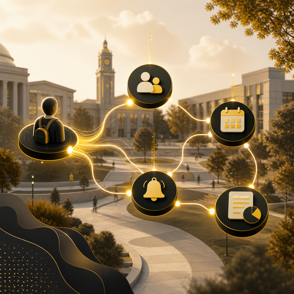 Abstract campus operations routing scene with connected request, scheduling, and notification flows in warm gold and cream tones.