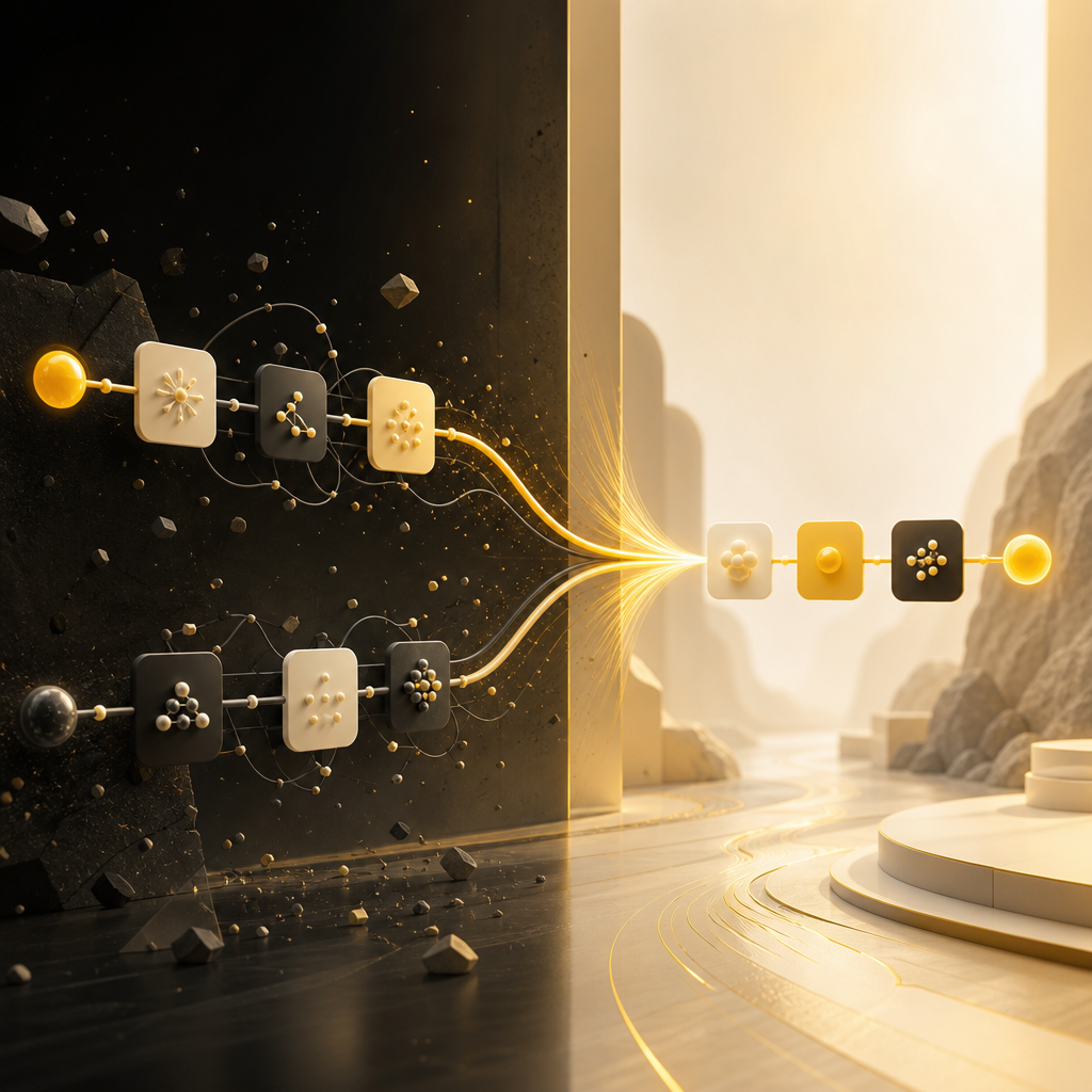 Abstract workflow builder diagram with connected step cards and branching automation paths in gold and cream tones.