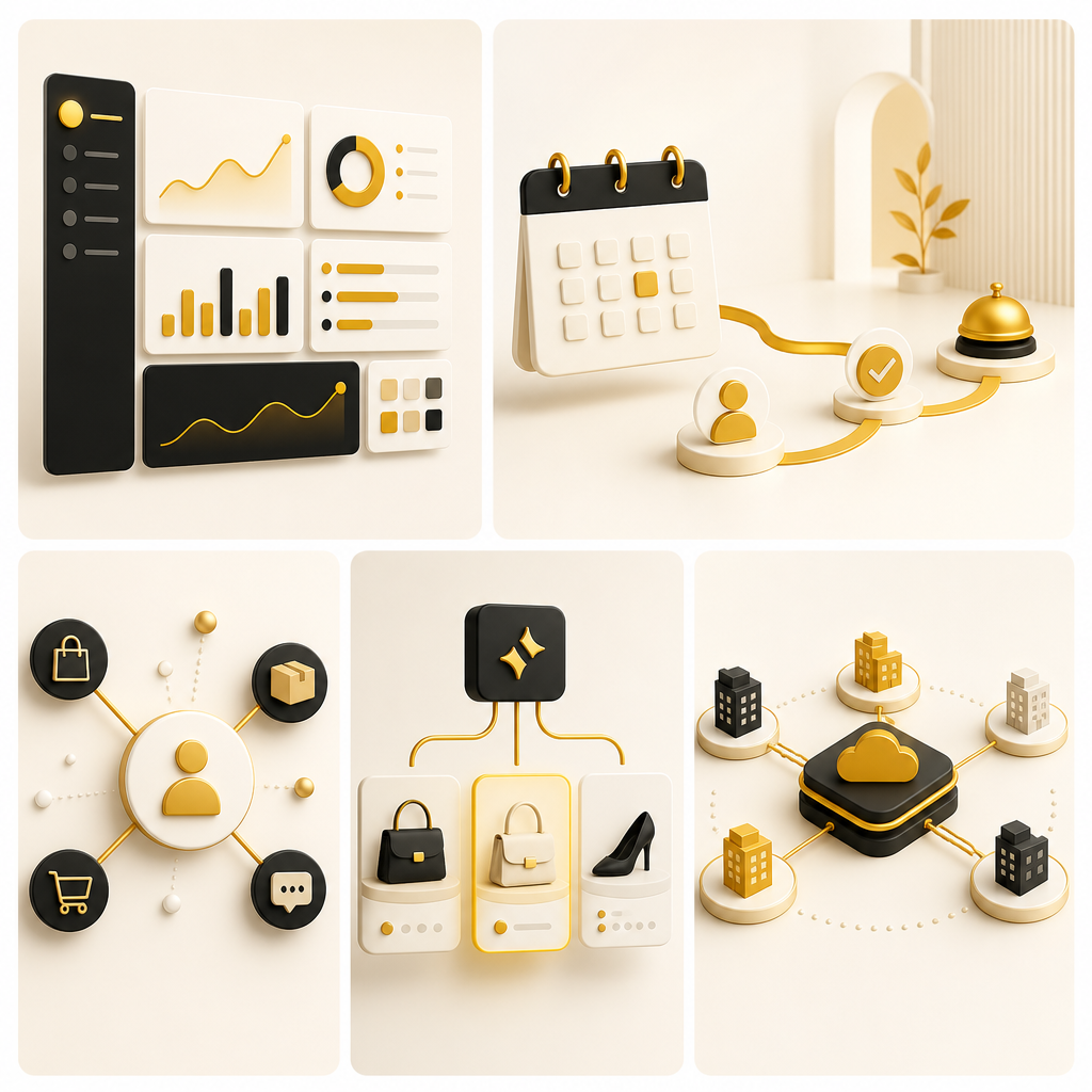 Modern abstract mosaic of dashboard, booking, customer order, recommendation, and SaaS multi-tenant panels connected to indicate real business use cases for AI-ready platforms.