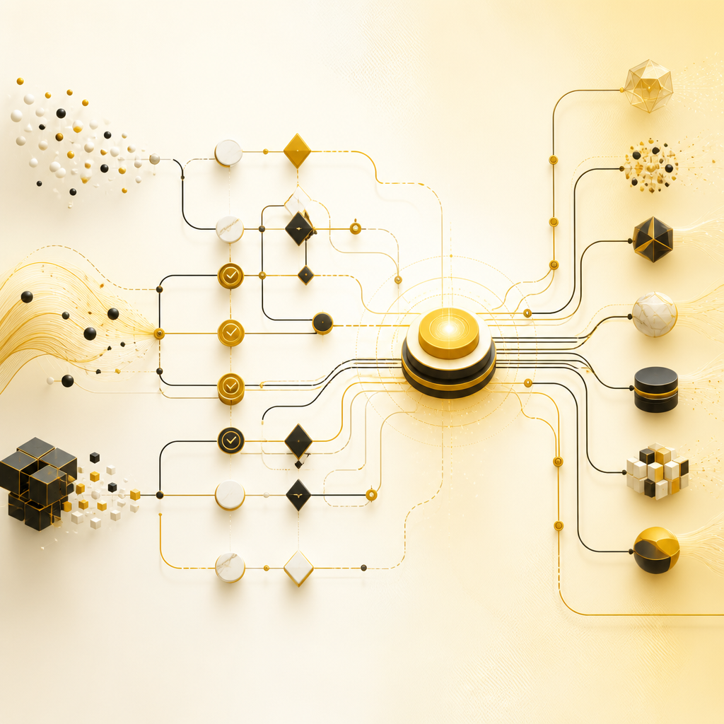Abstract system diagram with interconnected approval, rule, automation, recommendation, and data connection pathways illustrating what it means for a platform to be AI-ready.