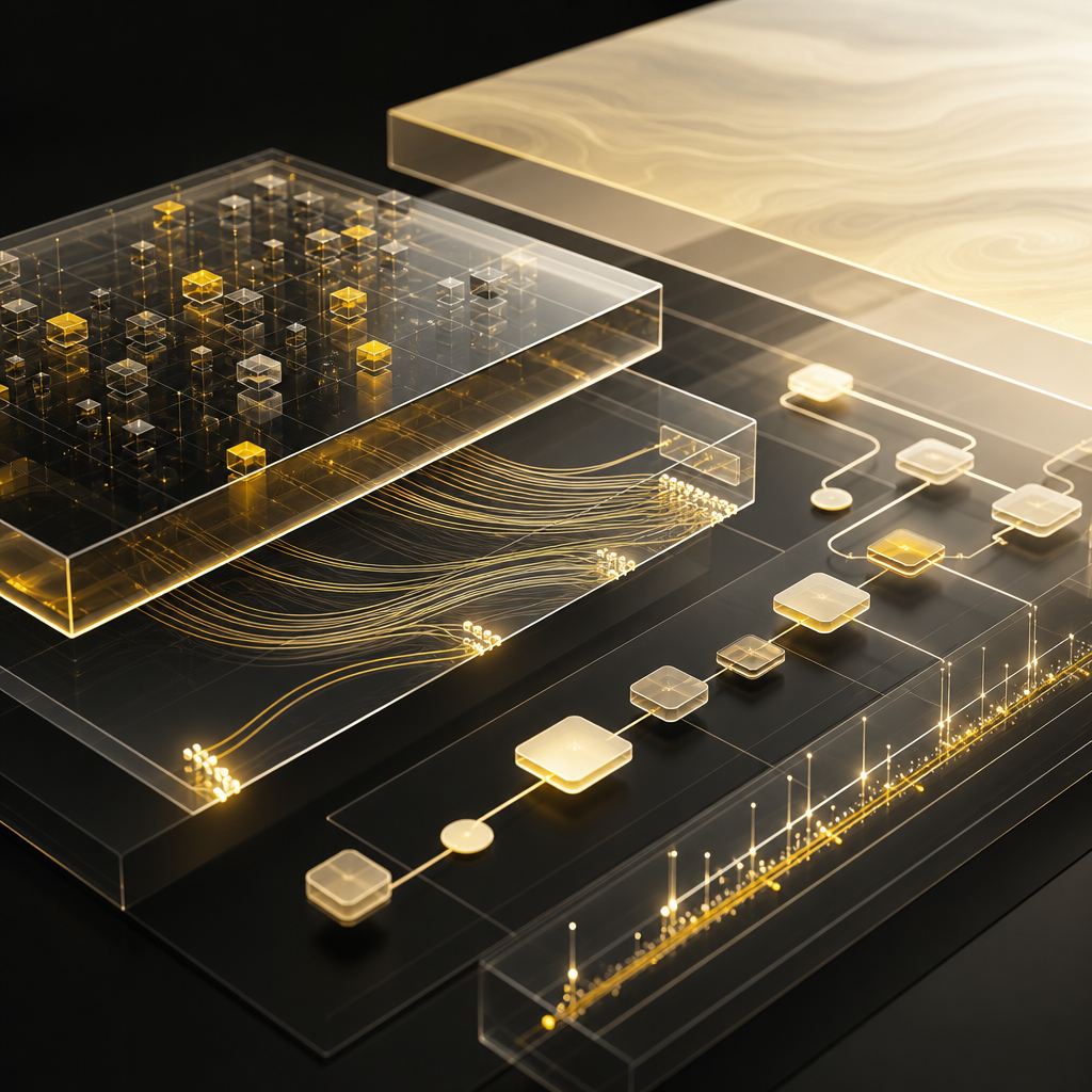 Layered architecture blocks connected by glowing lines representing data, APIs, backend workflows, and controlled automation foundation for AI-ready web development.