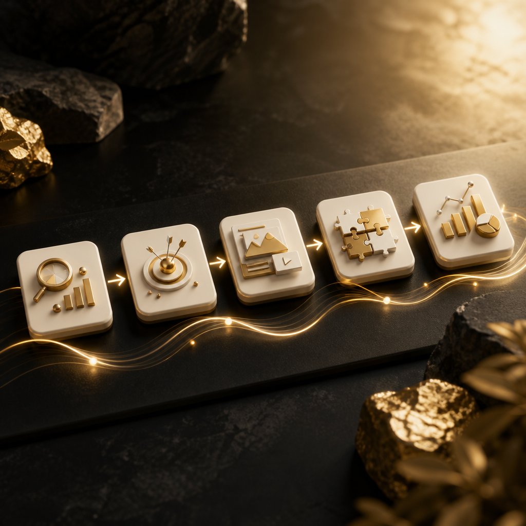 A gold-accented sequential roadmap of connected milestone tiles representing audit implementation planning in neutral tones.