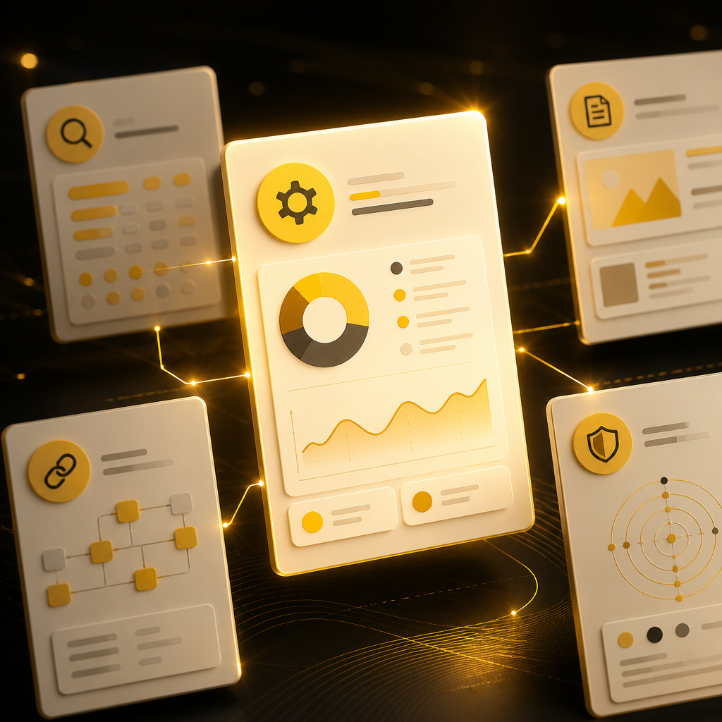 Abstract premium audit panels representing technical, keyword, content, internal linking, and authority checks in warm gold and neutral tones.